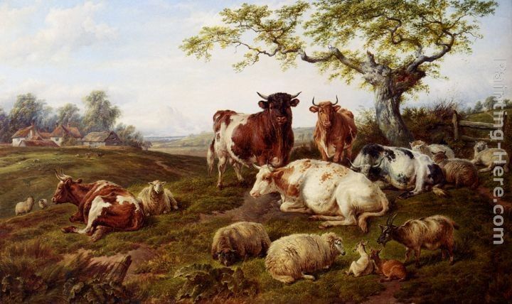 Charles Jones Resting Cattle, Sheep And Deer, A Farm Beyond